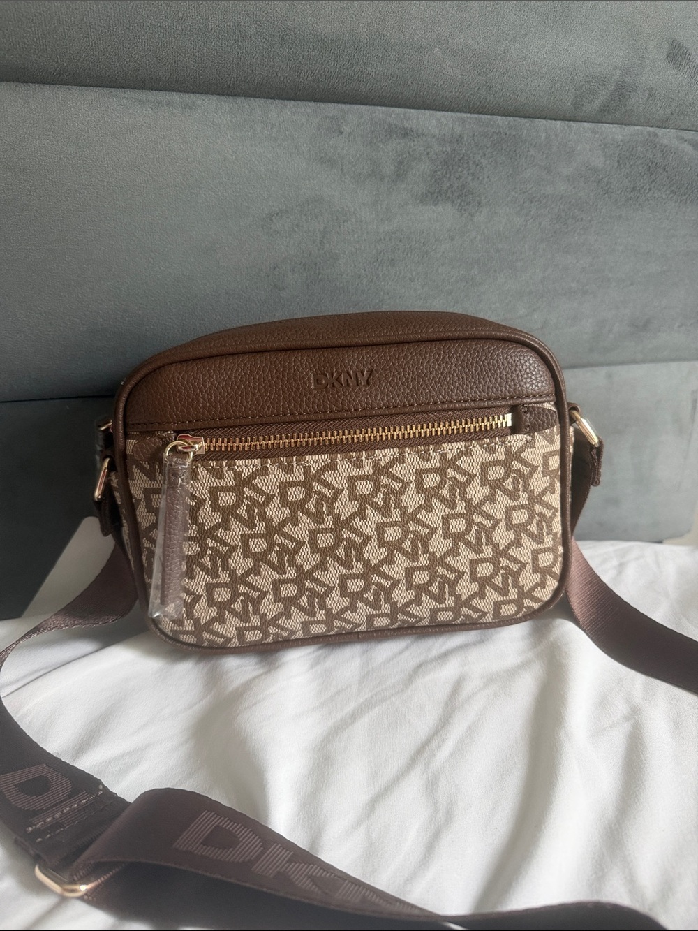 DKNY Brown Monogram Canvas Messenger Bag with Gold Hardware